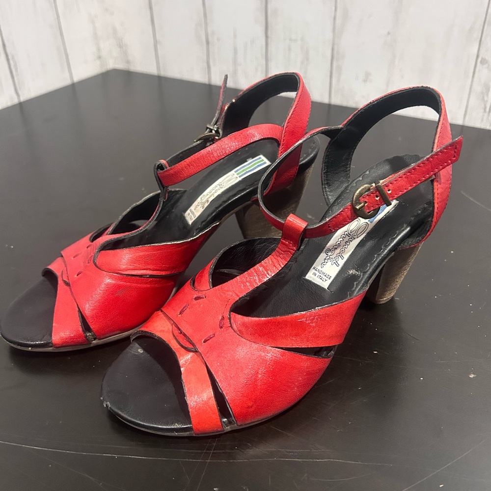 Arnold Churgin Italy Red Leather Strappy Heels | Peep Toe | 3" Block Heel | 6.5